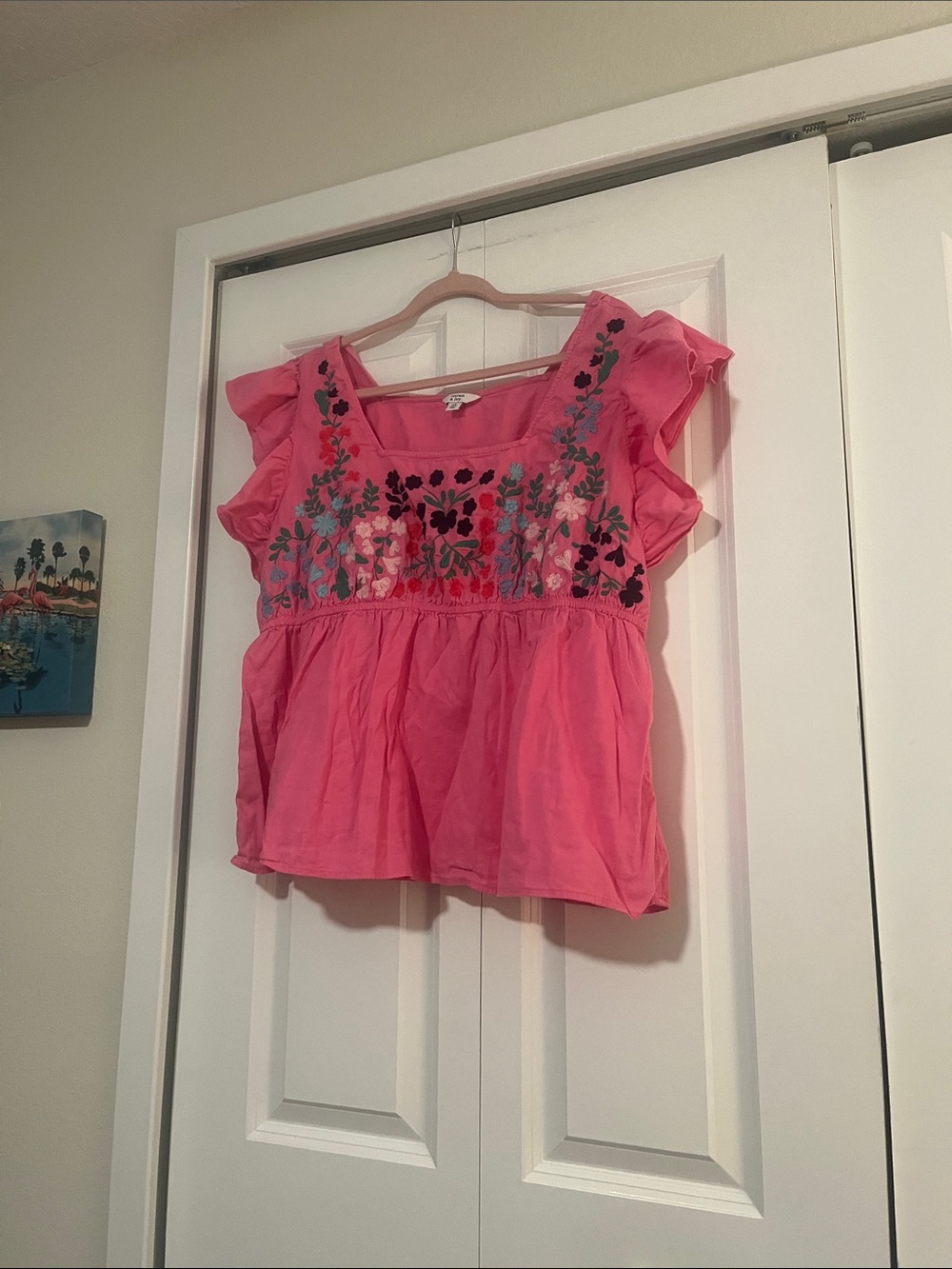 Womens Pink Floral Embroidered Flutter Sleeve Top